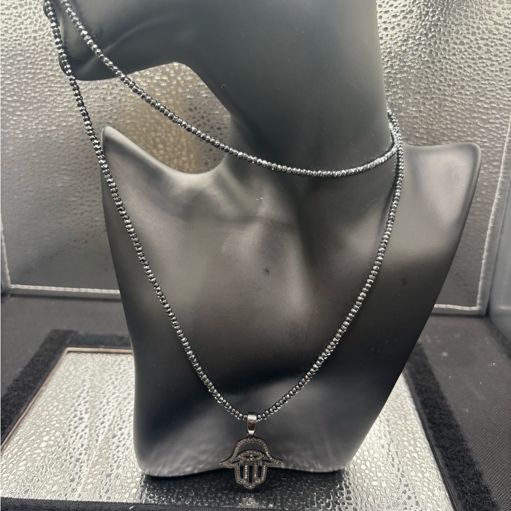 Black Beaded Necklace with Hamsa Pendant